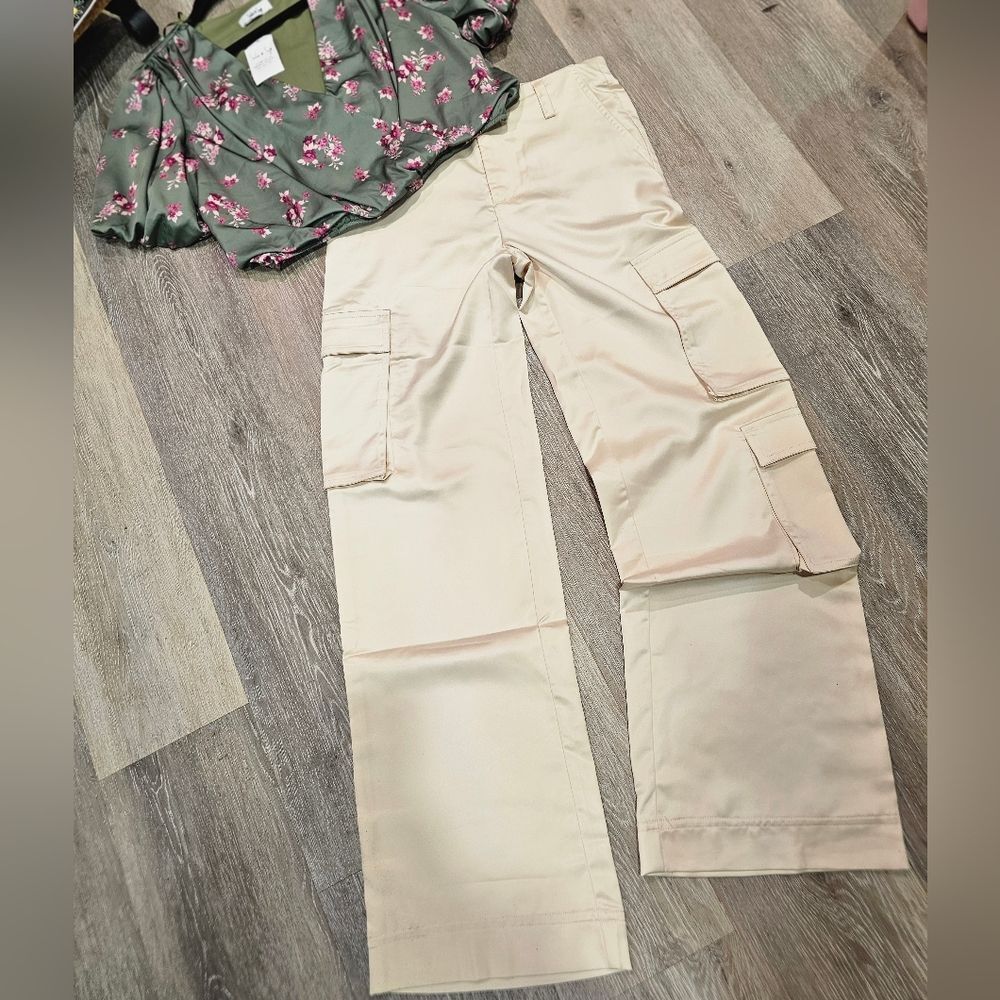 Tractr Silky Cargo Wide Leg Pant Baggy Oversized Fit